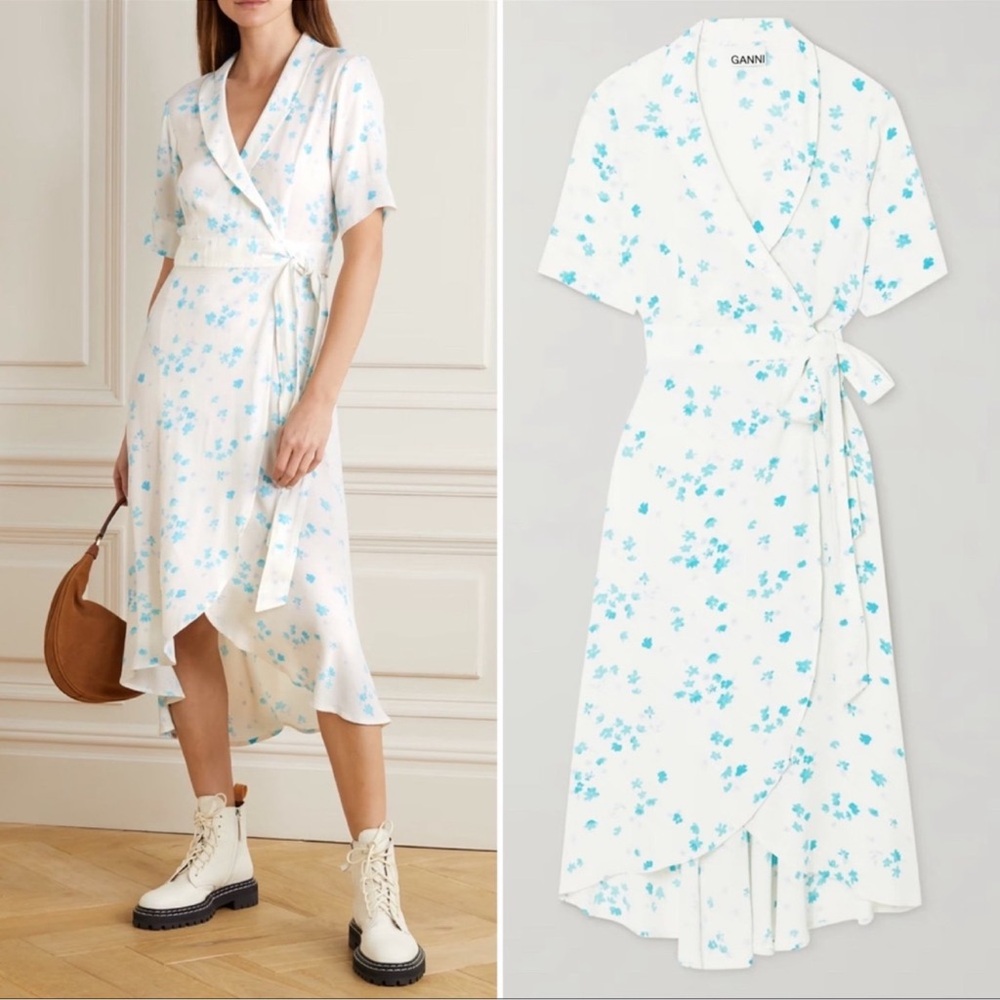 Ganni High Low Wrap Dress - White and Blue Floral 38 - Picture 2 of 8